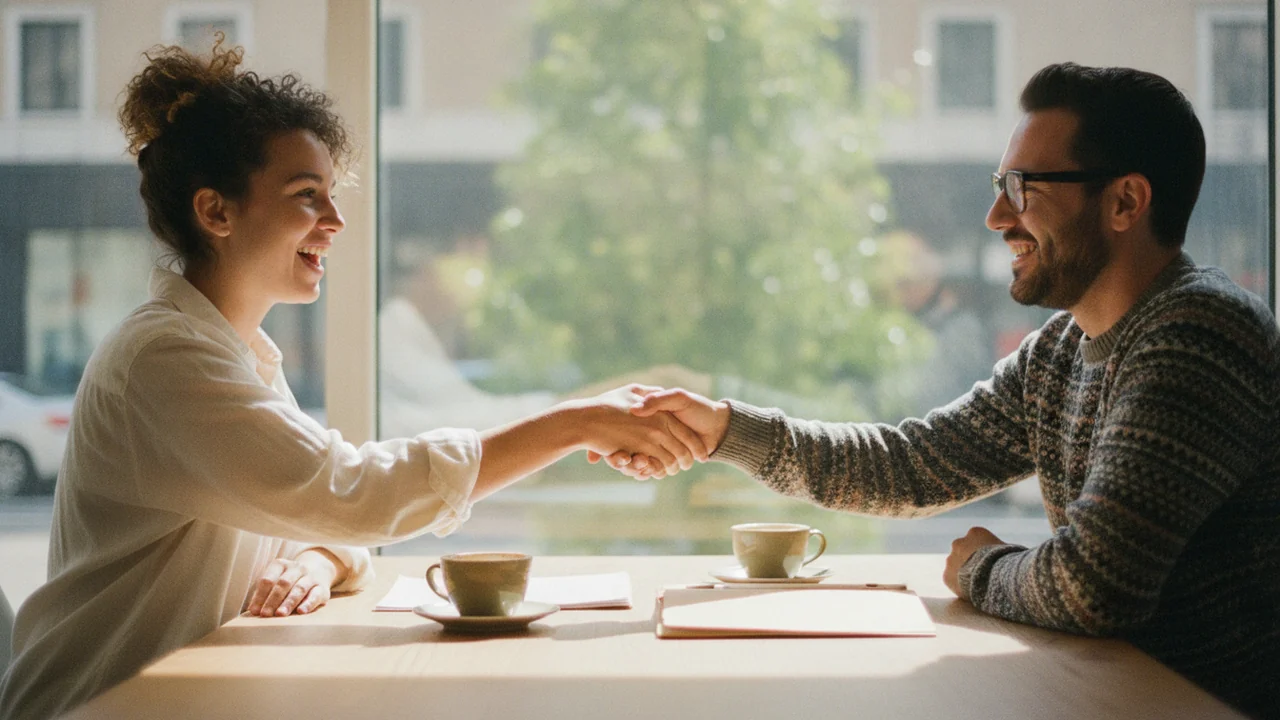 A creative professional welcoming a new client at a bright table over coffee