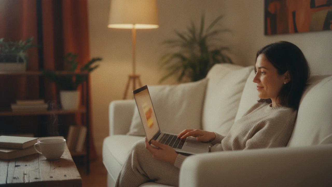 A client relaxing on a sofa reviewing a laptop in soft evening light