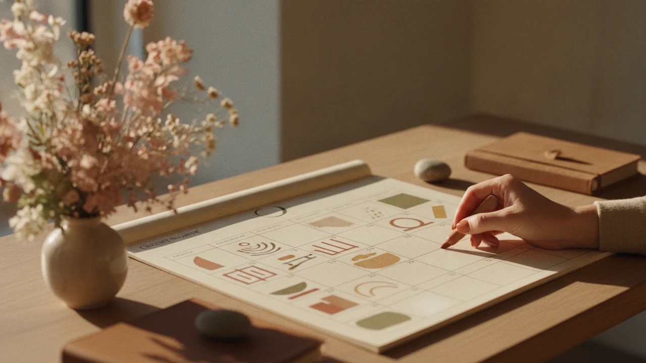 A hand marking a single date on a large paper wall calendar in warm light
