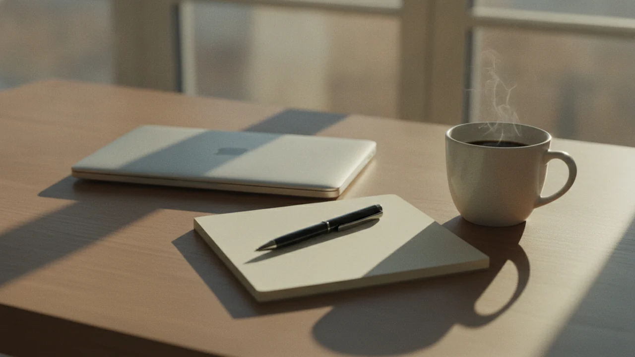 A clean desk with a closed laptop, an empty notebook and a steaming coffee at sunrise