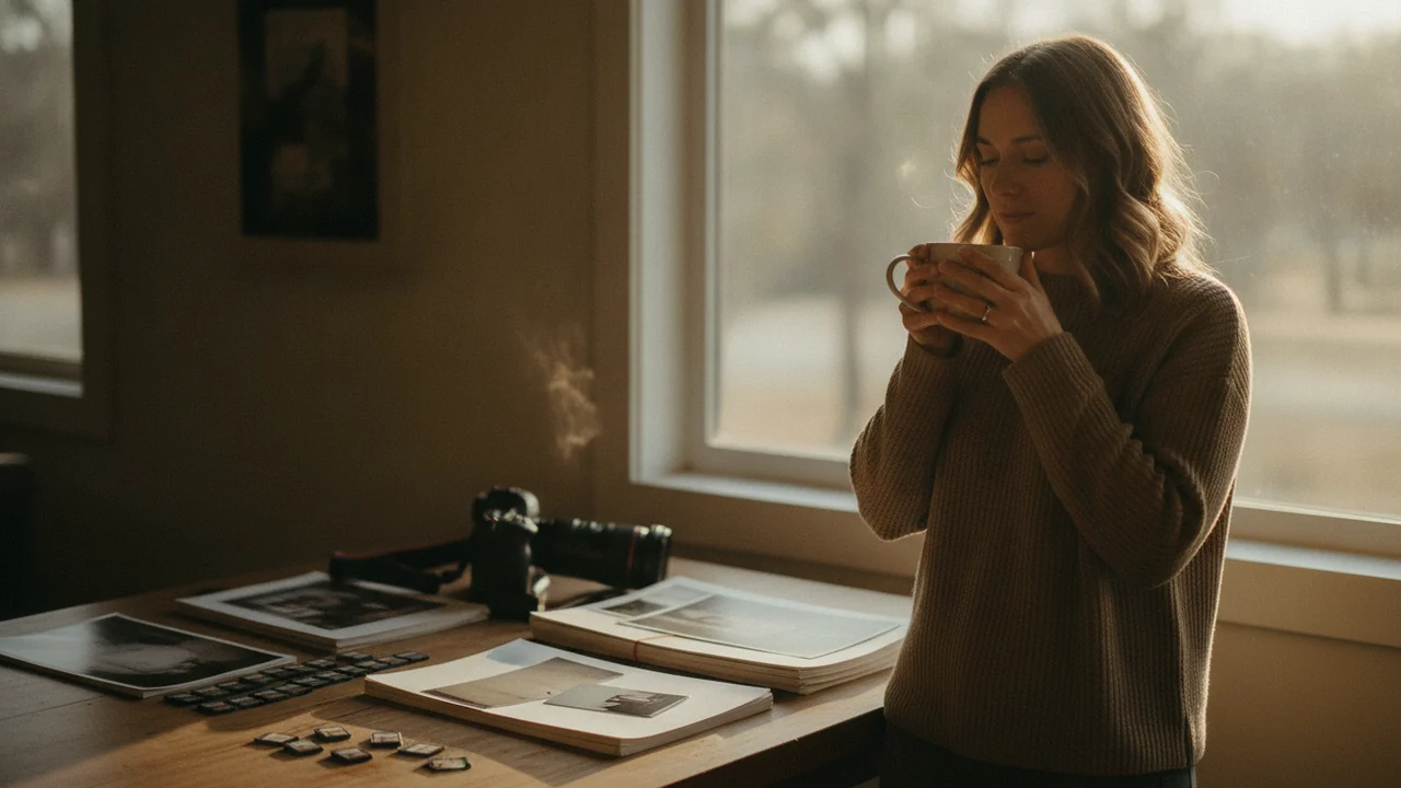 A wedding photographer with a cup of tea by a window beside a stack of prints