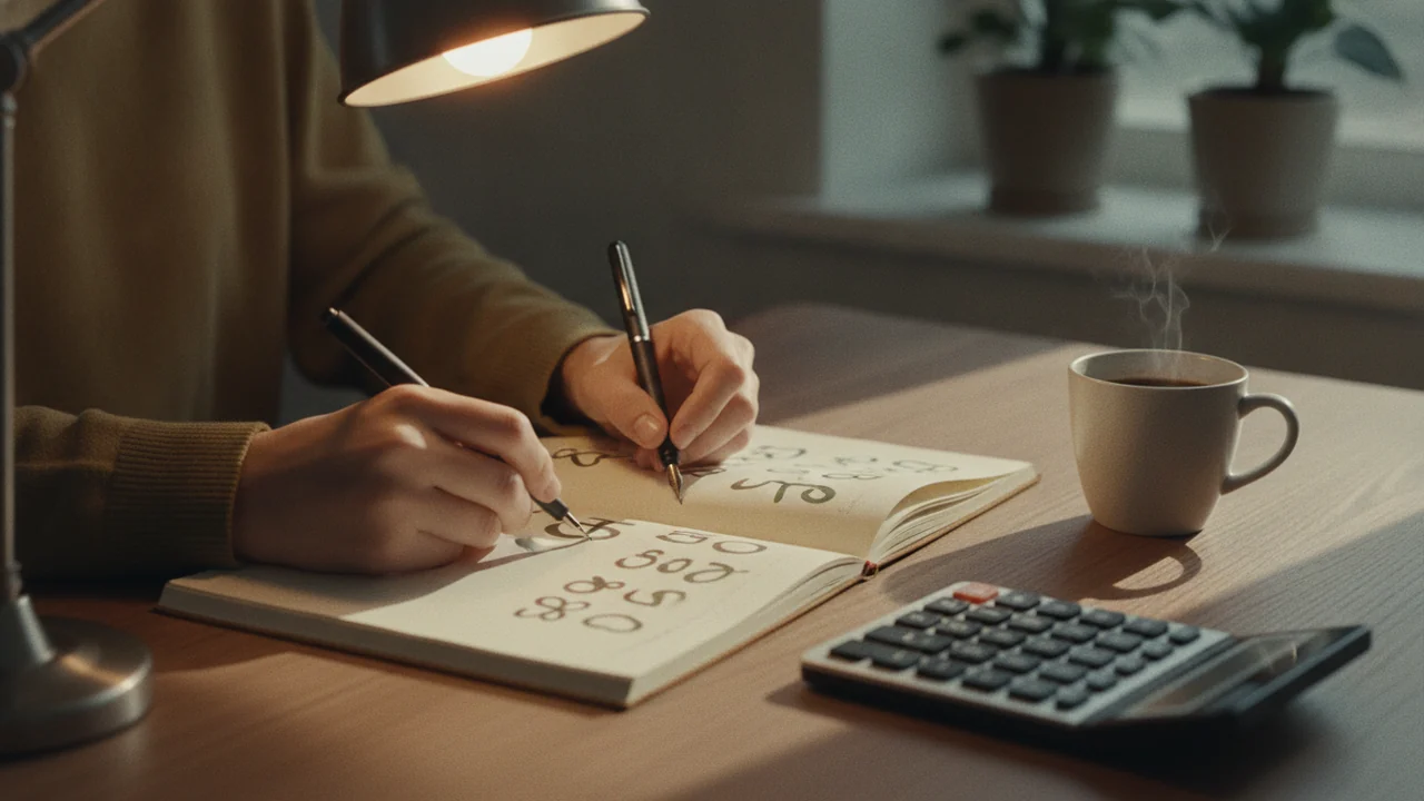 Hands writing figures in a notebook beside a calculator under warm lamp light