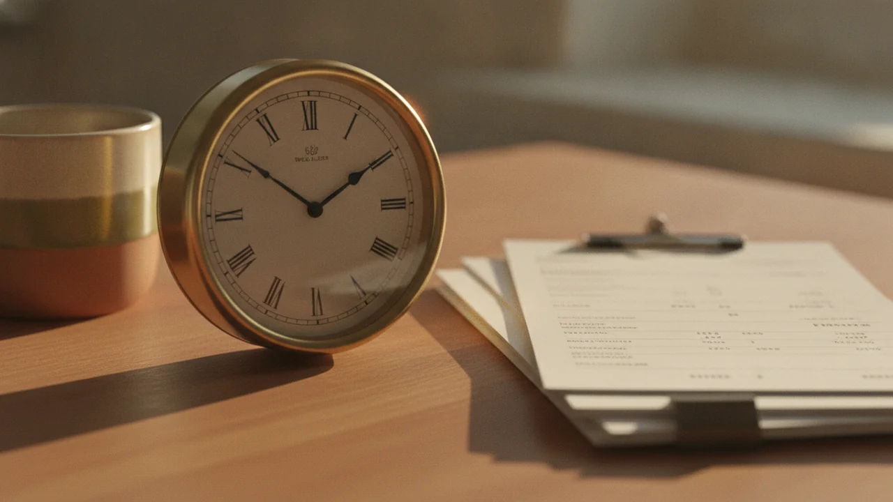 An analog desk clock in sharp focus beside a paper invoice in warm afternoon light