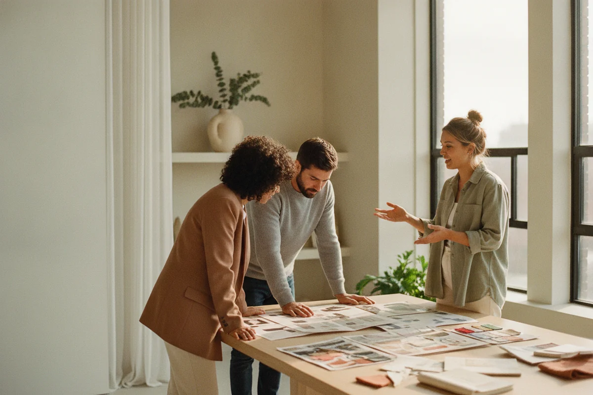 A small creative agency team reviewing printed design proofs together in a calm, light filled workspace