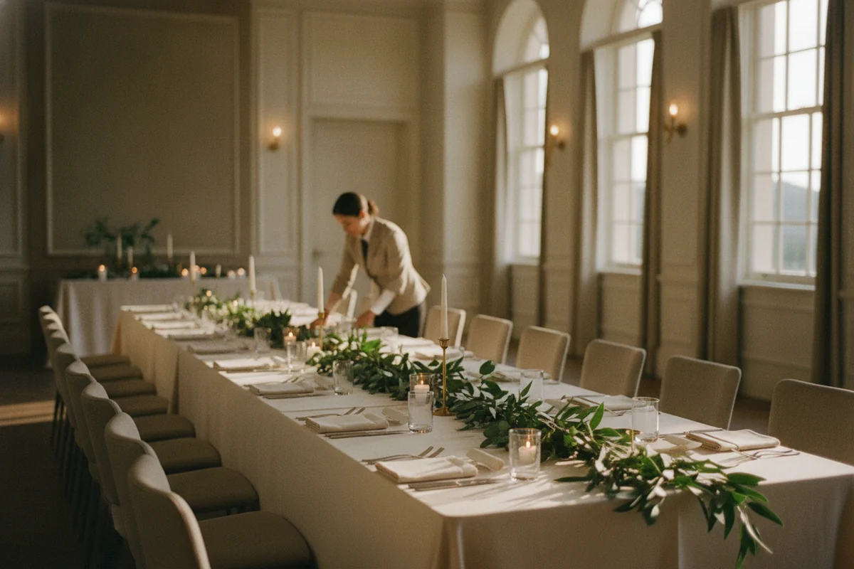 An elegant venue dining room being prepared for a celebration, warm light through tall windows