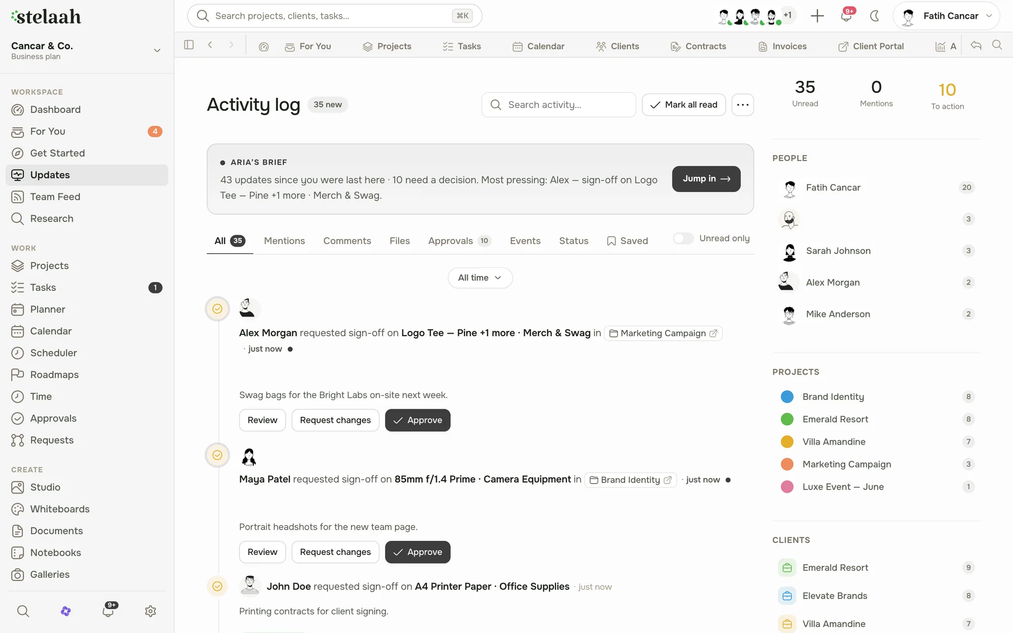 an activity log showing recent changes across the workspace