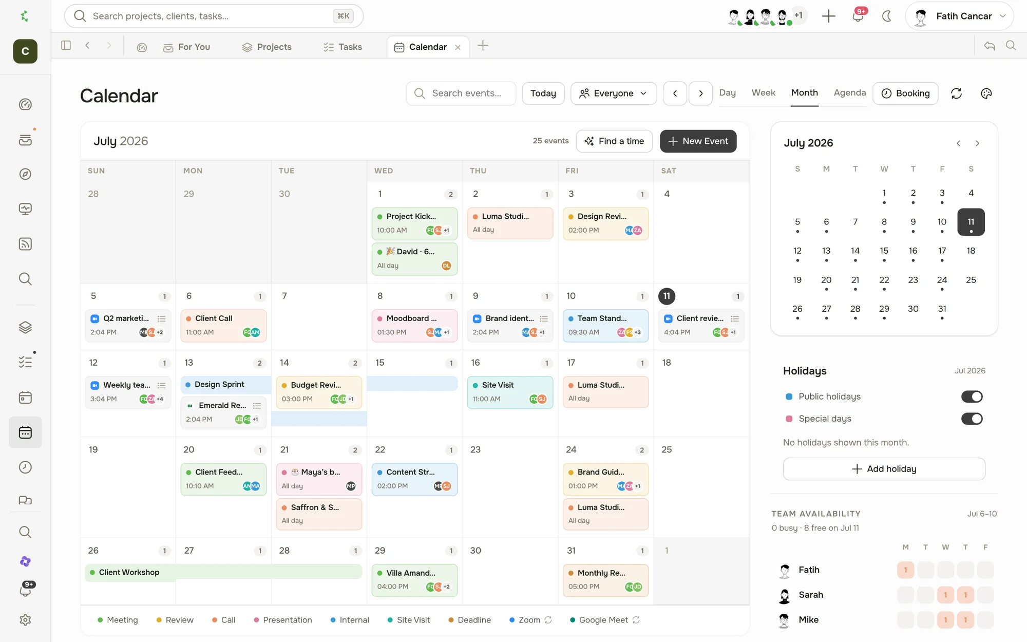 A venue booking template on a shared calendar
