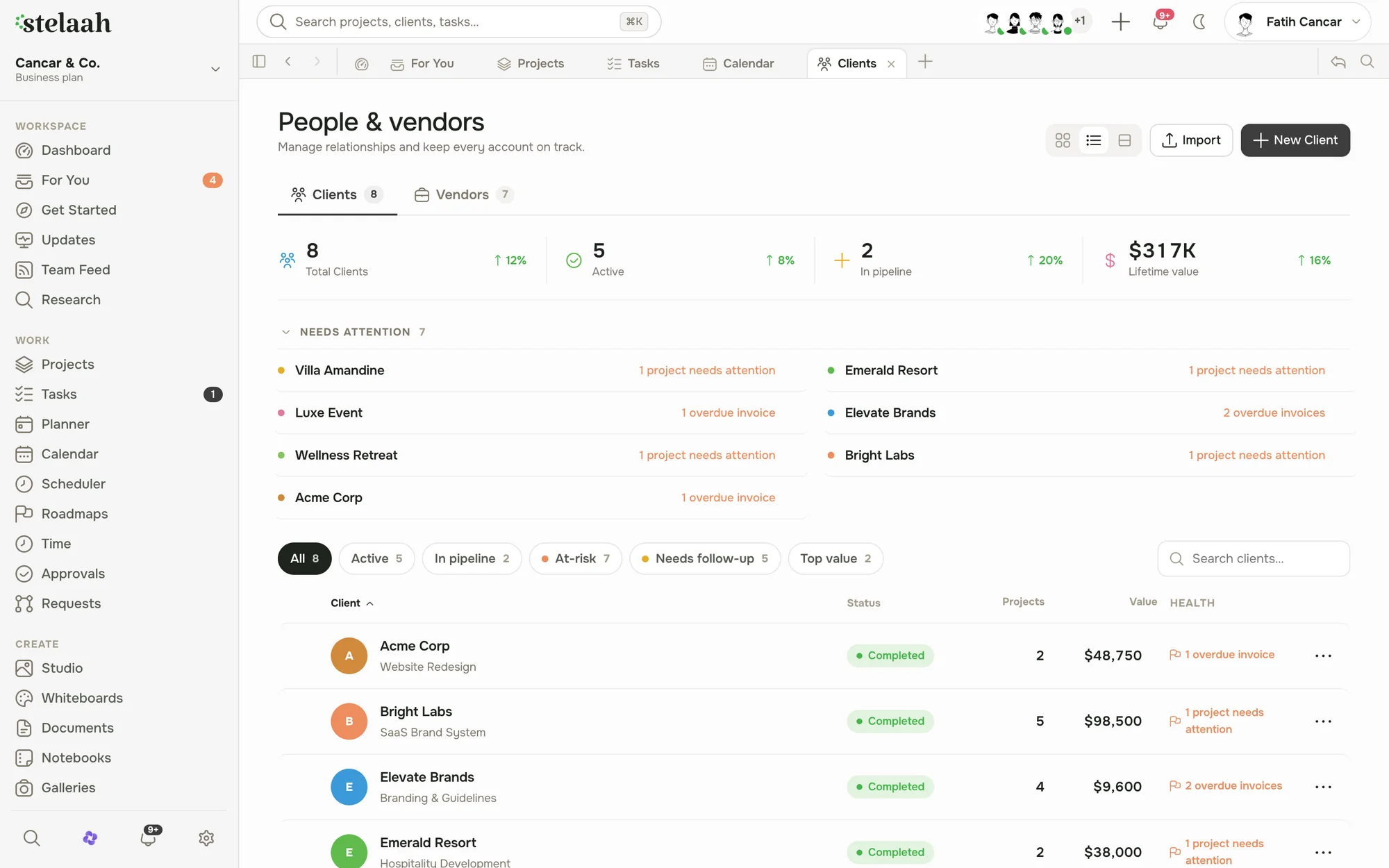 a client profile showing projects, files, and billing in one place