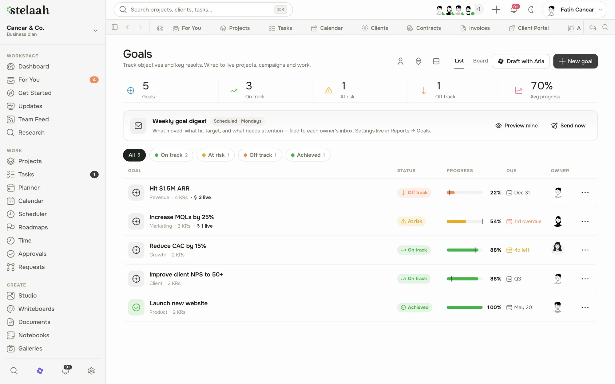 a goals view showing progress toward targets